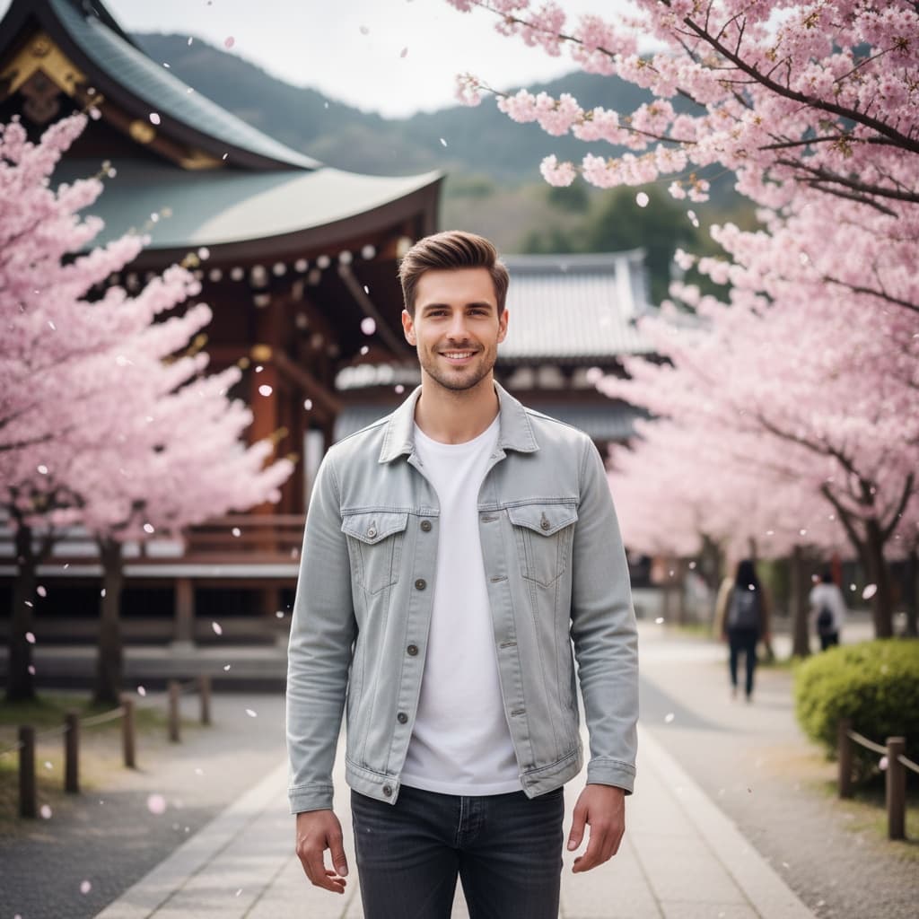 slim white man cherry blossom temple grounds 33789803