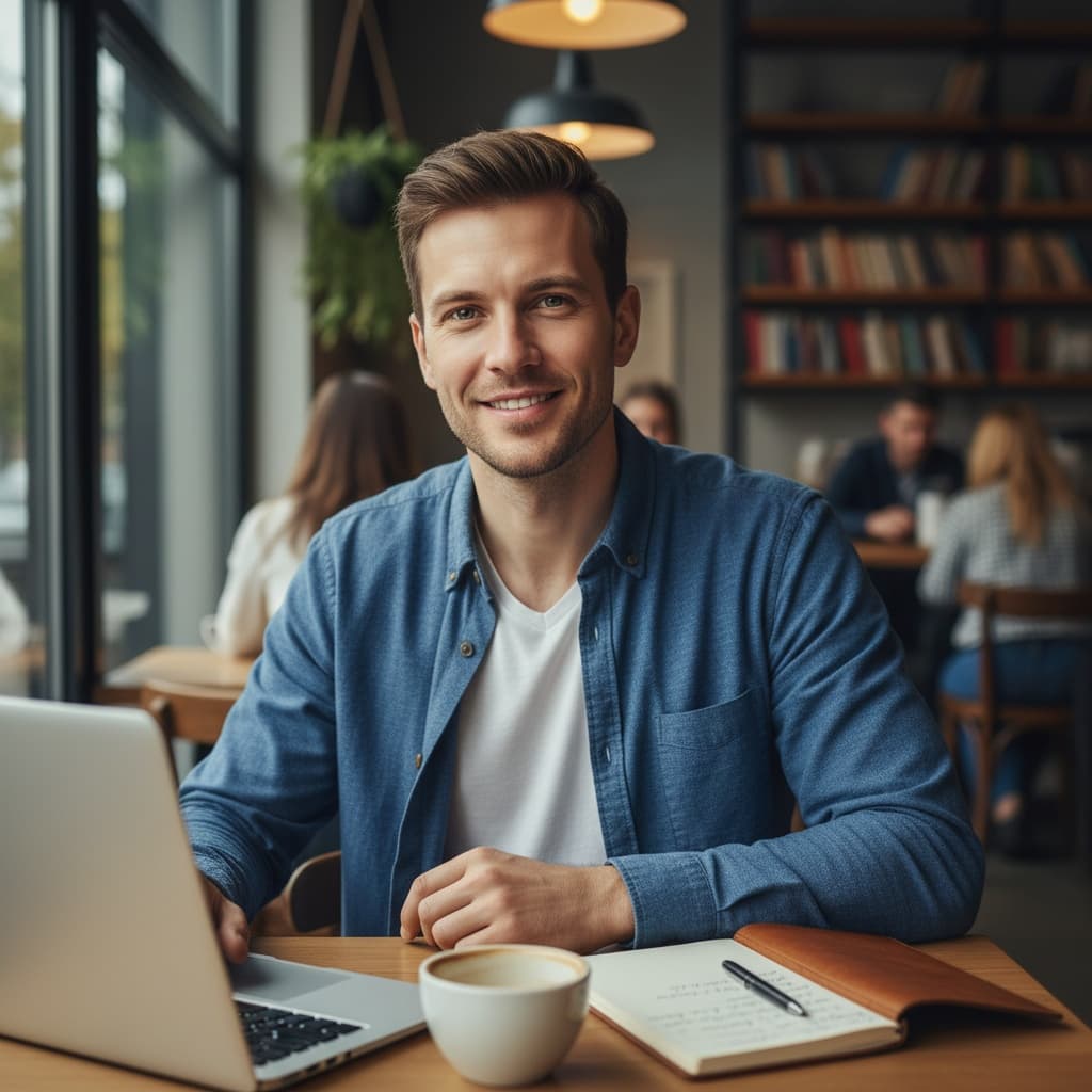 slim white man coffee shop casual 21001911
