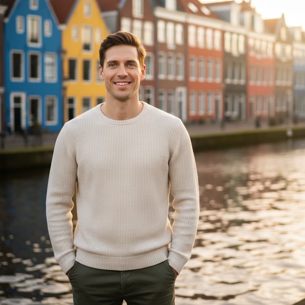 slim white man colorful canal houses backdrop 14578826