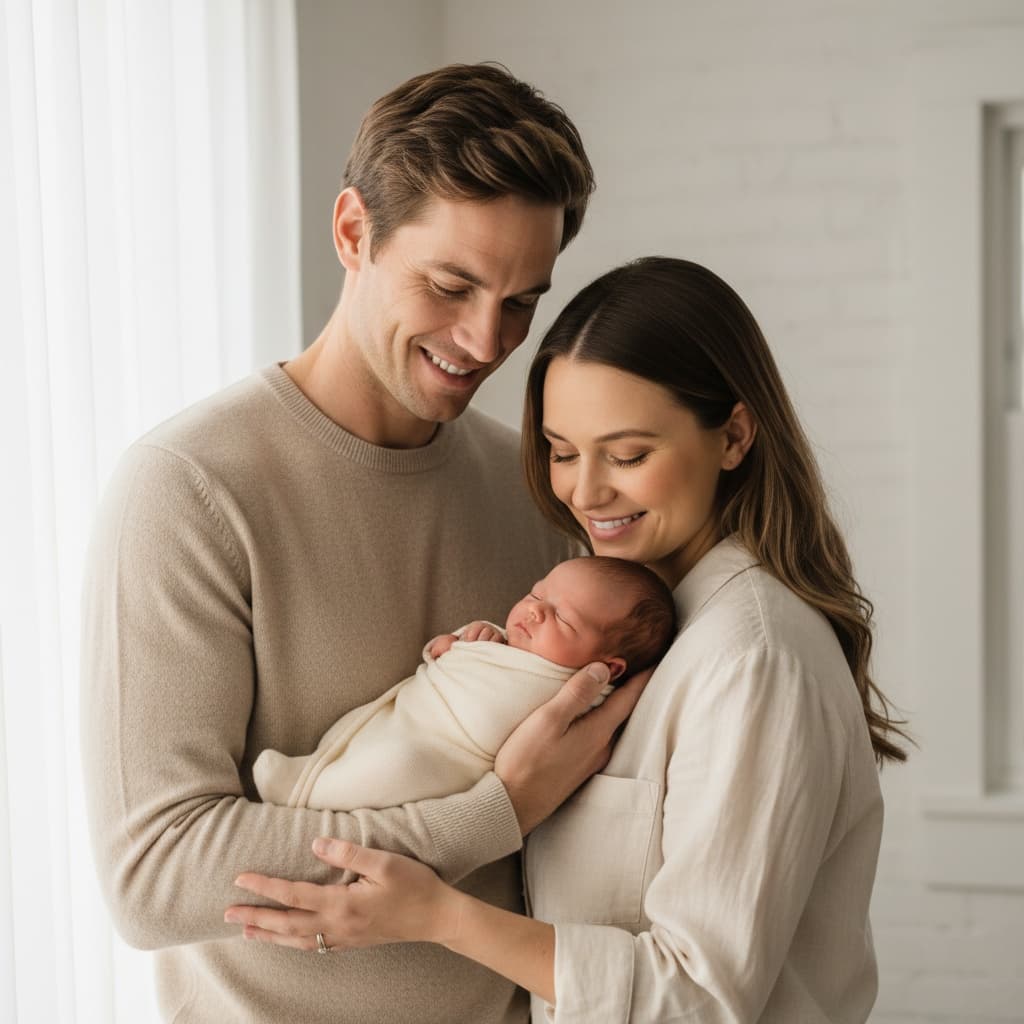 slim white man couple together with newborn 63344454
