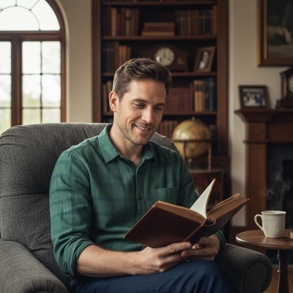 slim white man cozy reading chair 42557646
