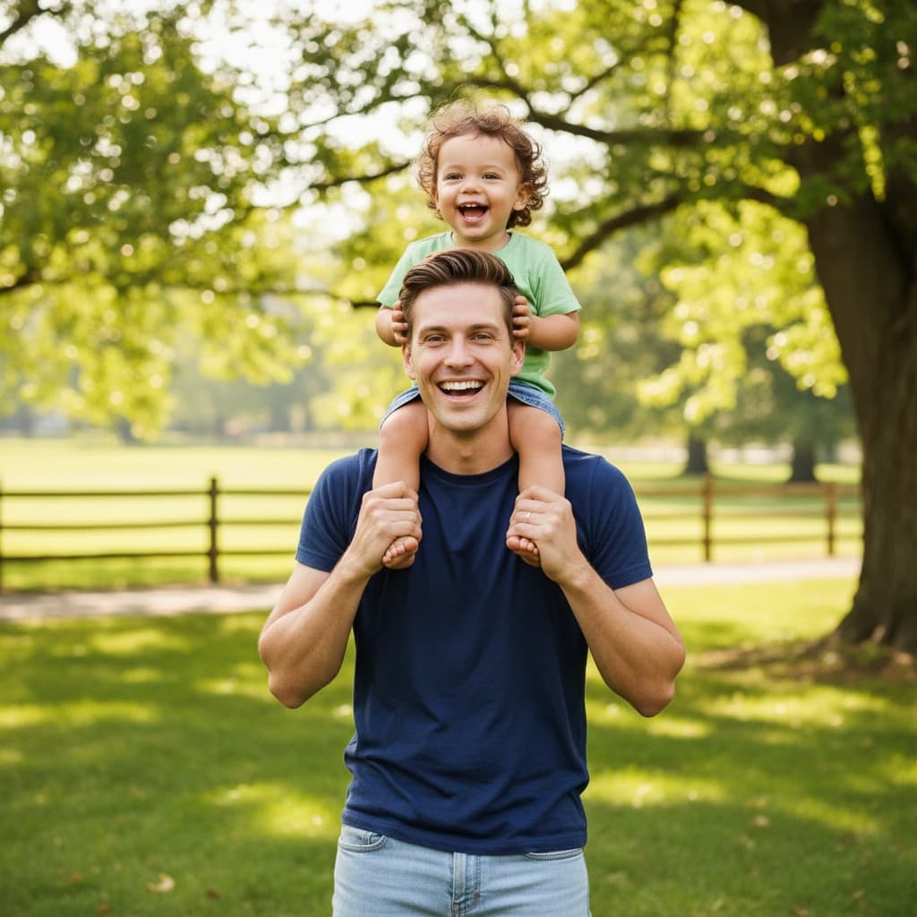 slim white man dad piggyback ride laughing 15040296