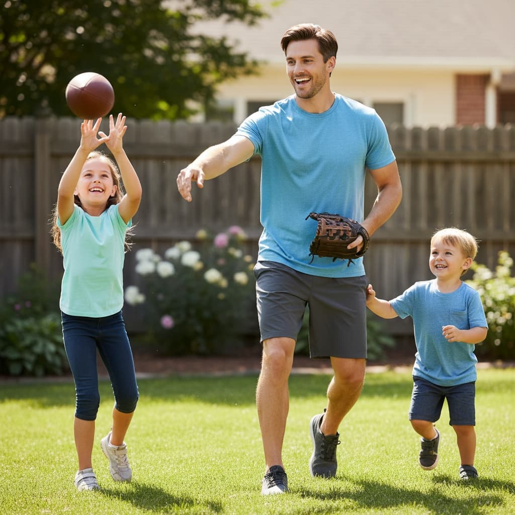 slim white man dad playing catch sports 17954009