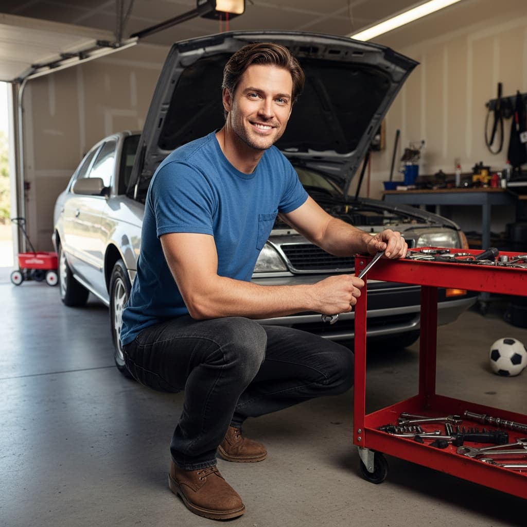 slim white man dad working on car 39937949