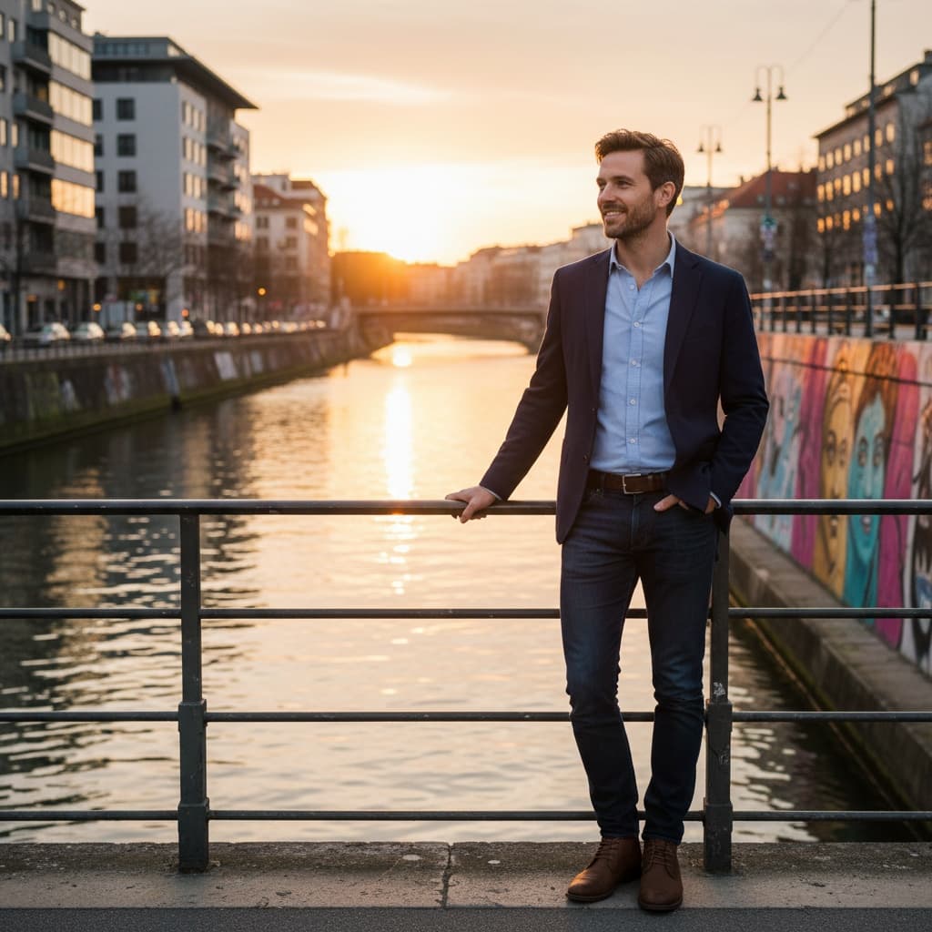 slim white man danube canal sunset 87726809