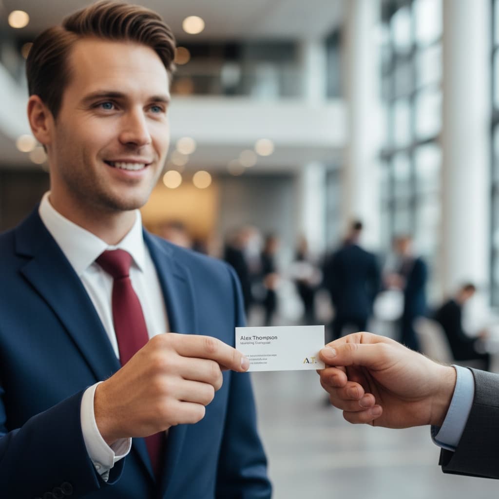 slim white man exchanging business cards 57777344