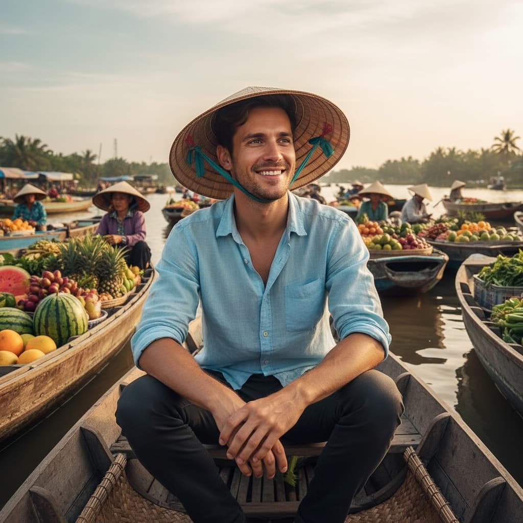 slim white man floating market boat 47543794
