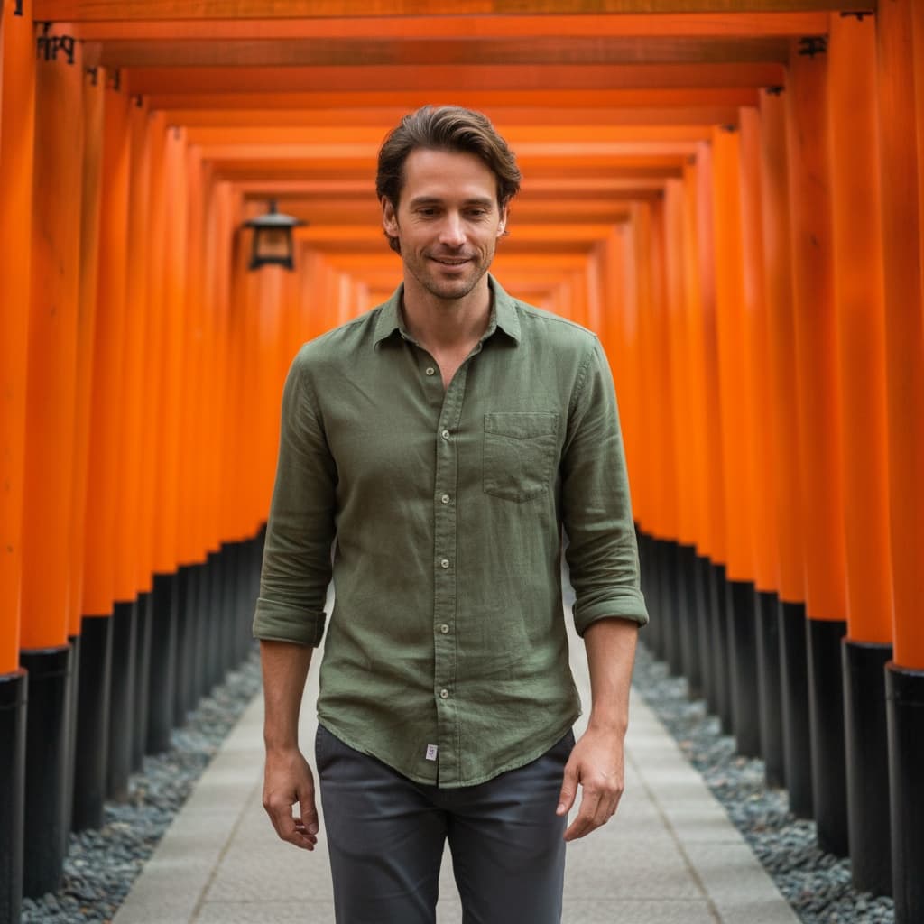 slim white man fushimi inari torii gates 86380575