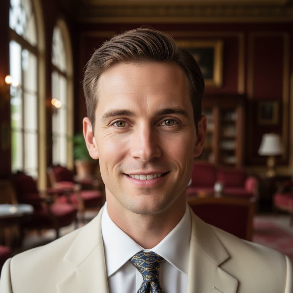 slim white man gatsby mansion closeup 94625582