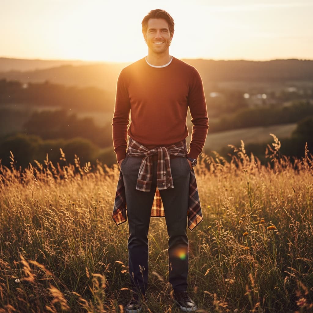 slim white man golden hour outdoor editorial 49457112