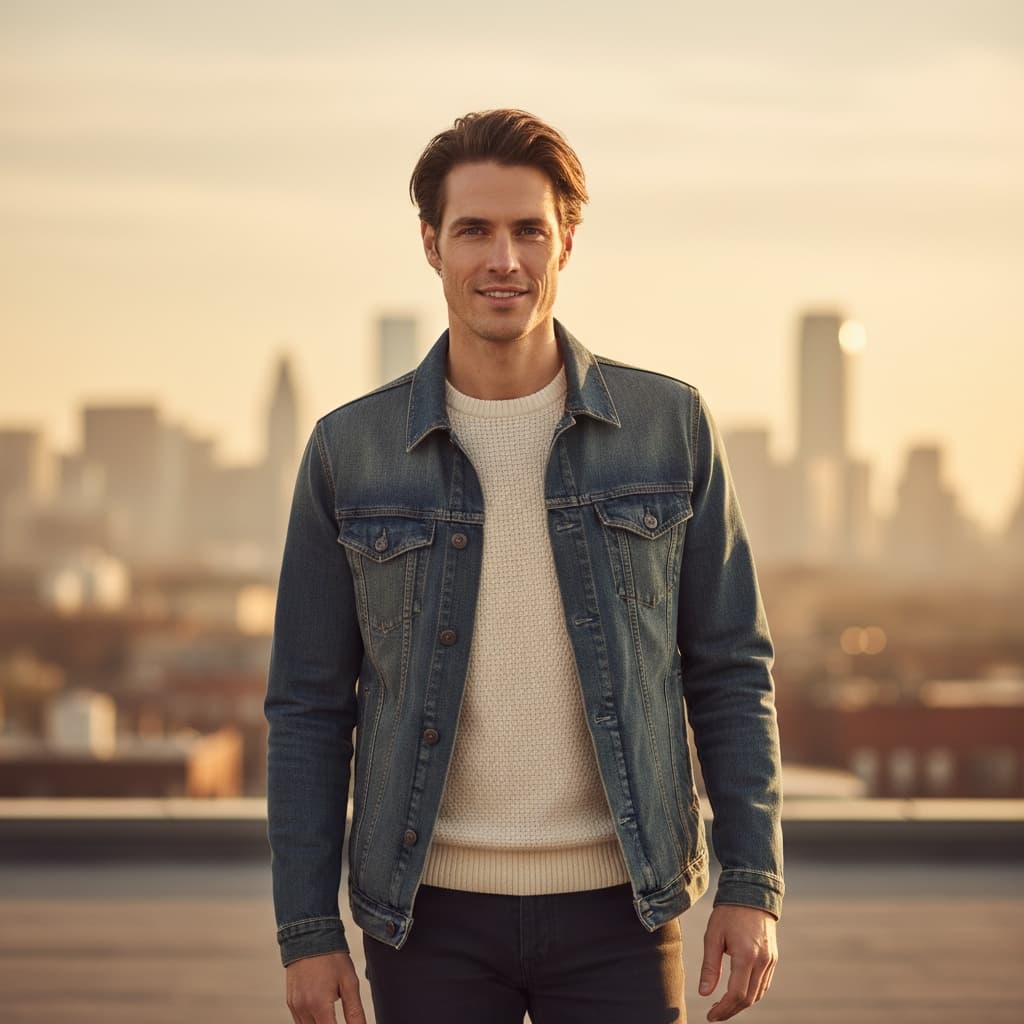 slim white man golden hour rooftop portrait 32575532