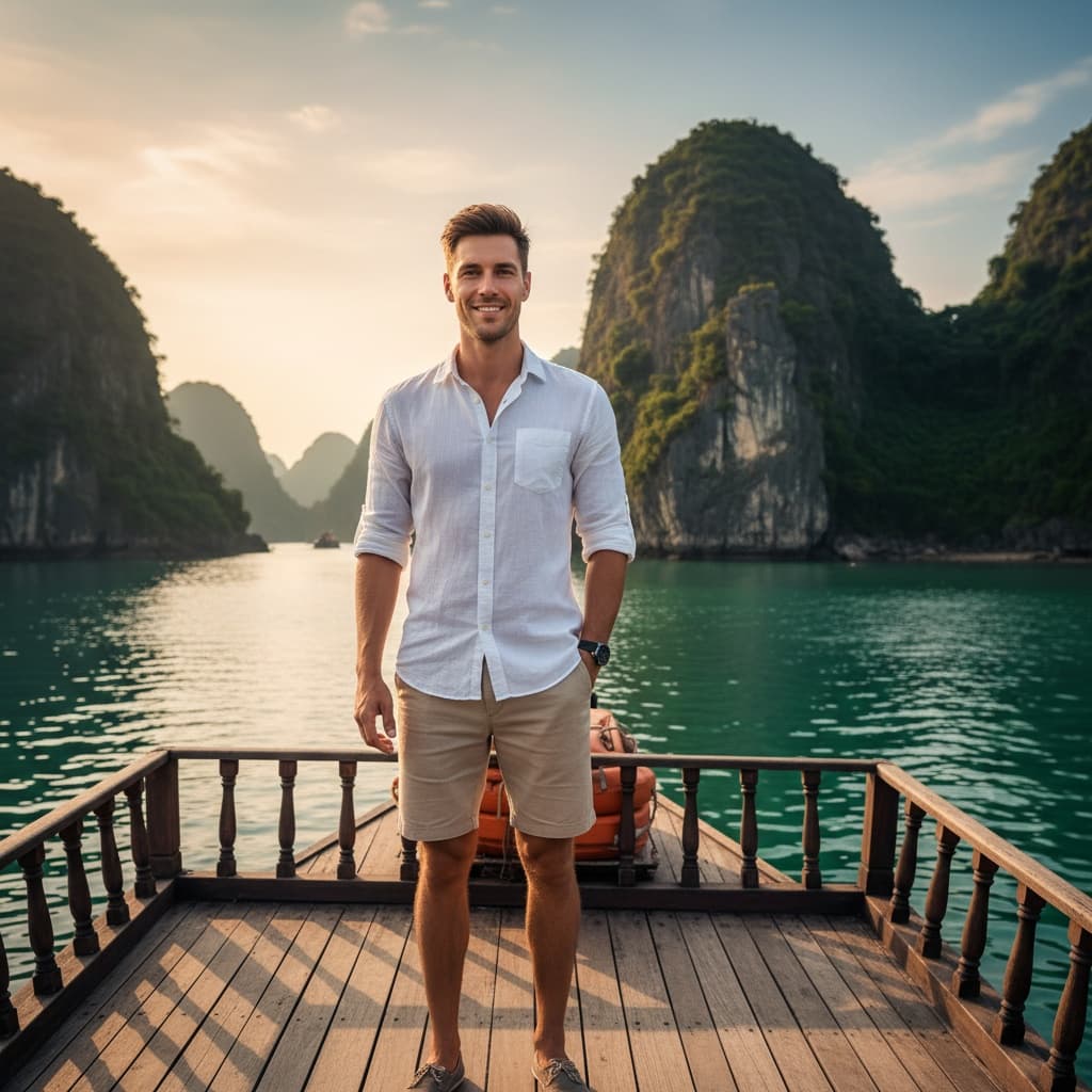 slim white man halong bay cruise deck 35067608