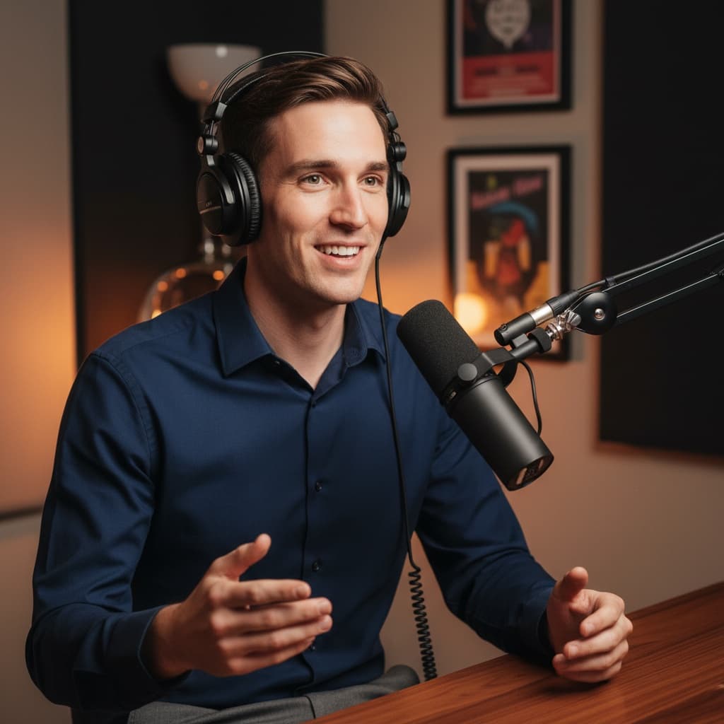 slim white man headphones on recording 68452104