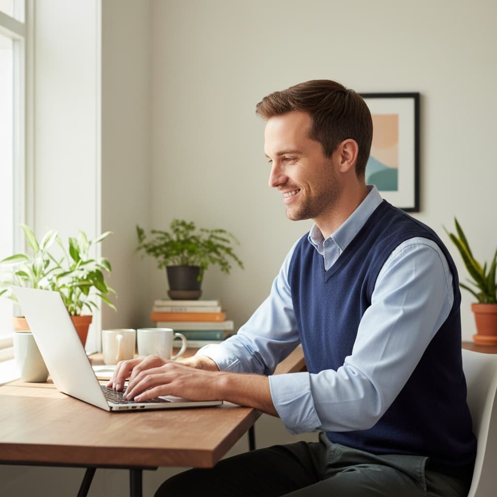 slim white man home office authentic 29748411