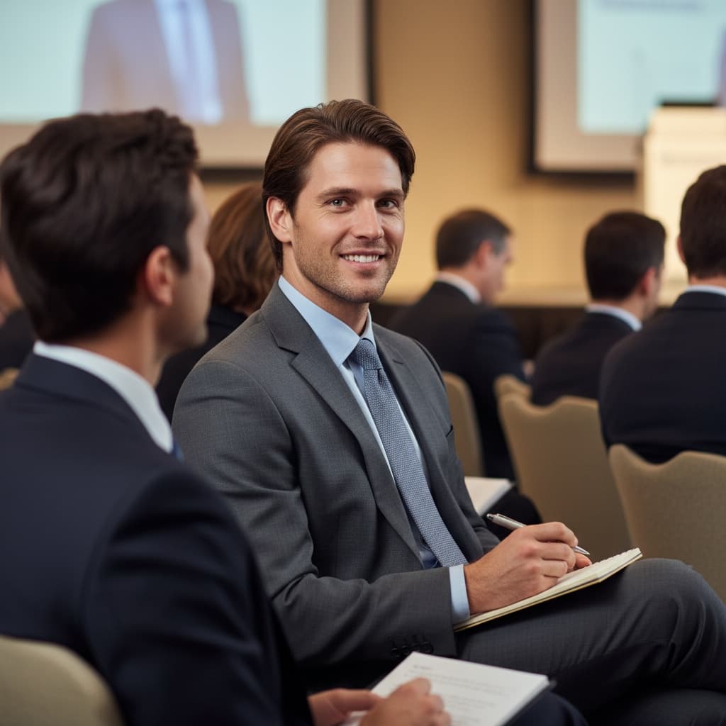 slim white man keynote audience listening 93515843