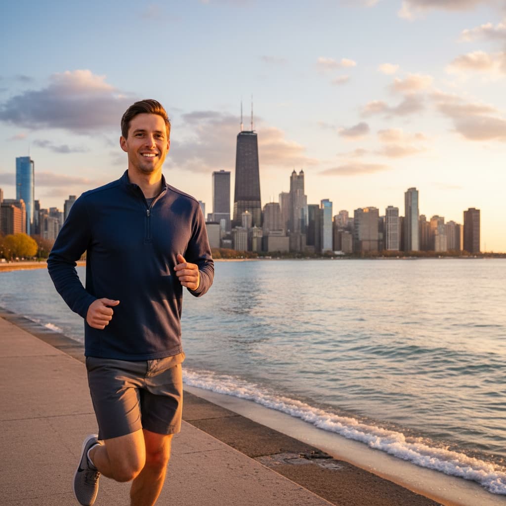 slim white man lakefront trail skyline panorama 62329596