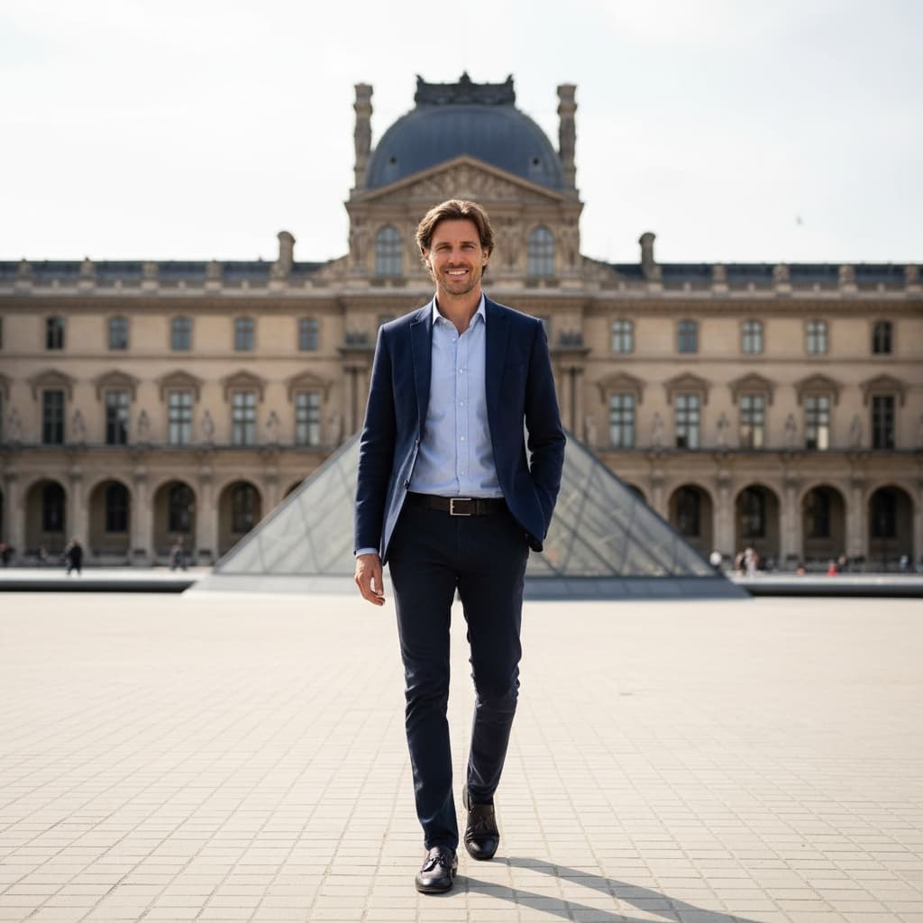 slim white man louvre pyramid courtyard 75985009
