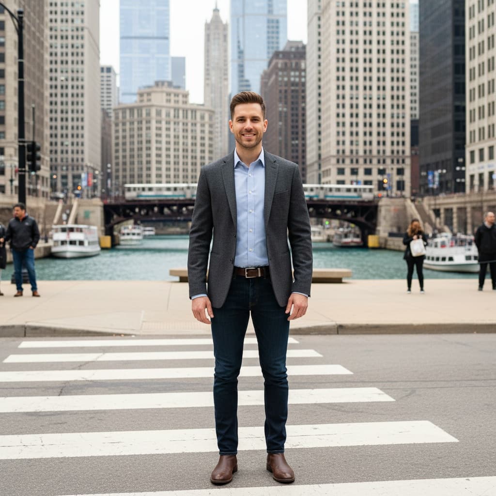 slim white man michigan avenue bridge view 93175837