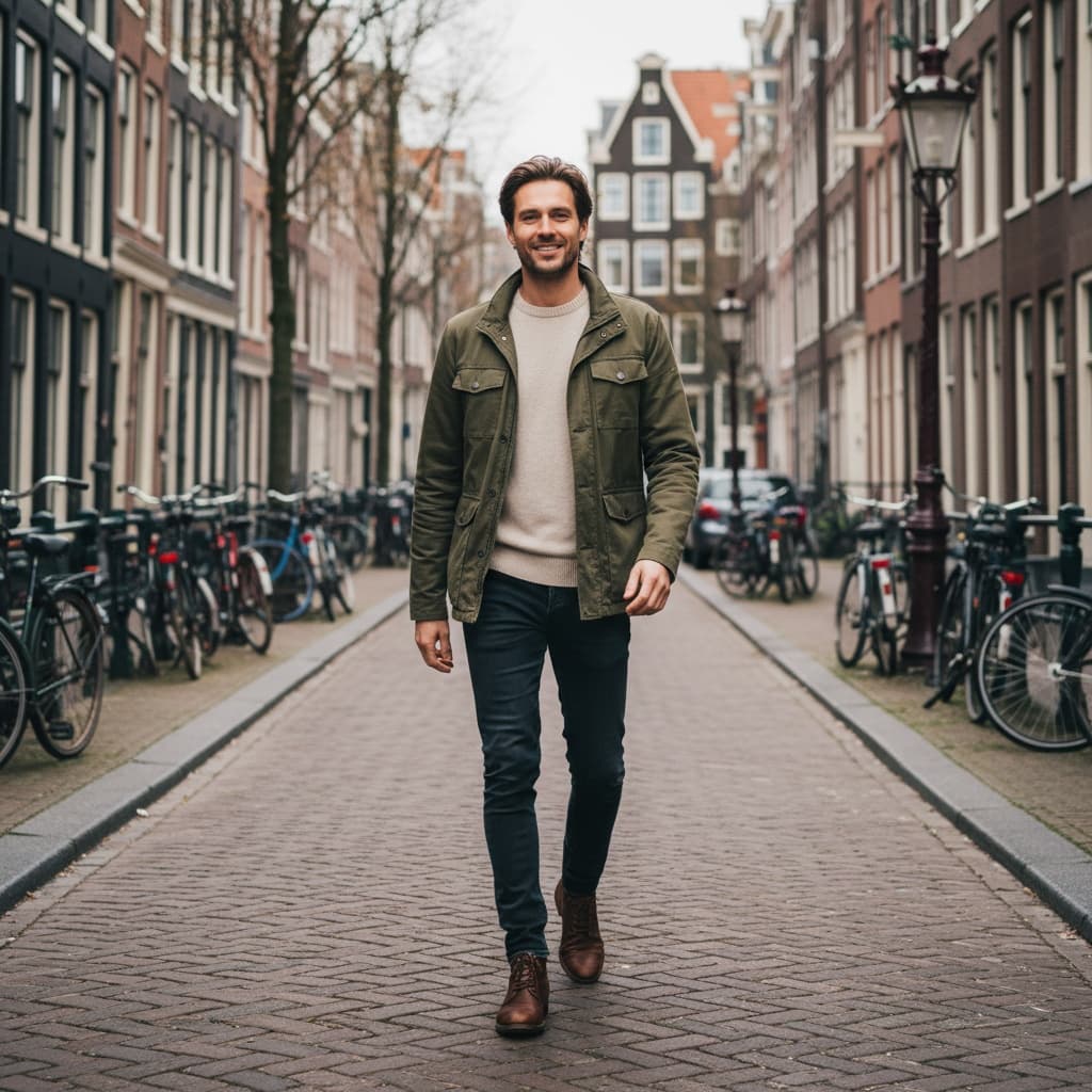 slim white man narrow street bicycles 82992505