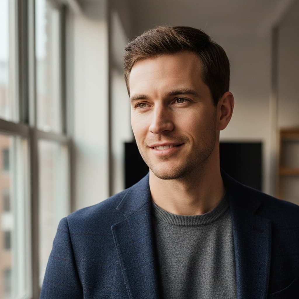 slim white man natural window light 94005978