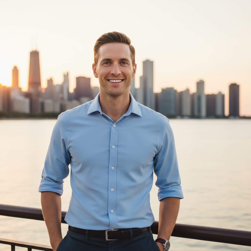 slim white man navy pier skyline backdrop 71112467