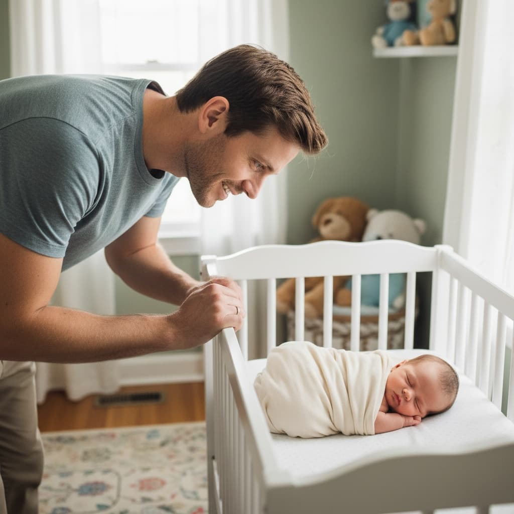 slim white man newborn sleeping parent watching 89673797