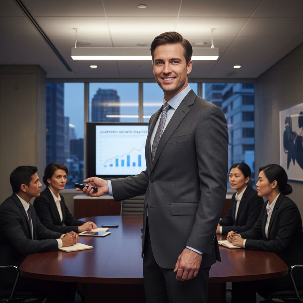 slim white man presenting to executives 86158684