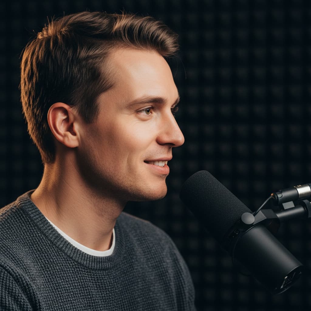 slim white man profile microphone closeup 48658365