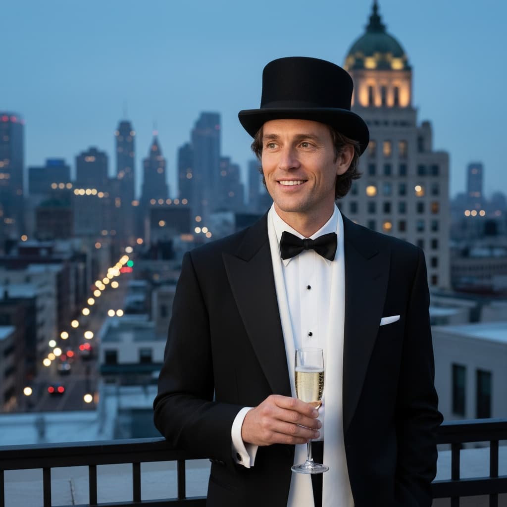 slim white man rooftop cityscape evening 96473025