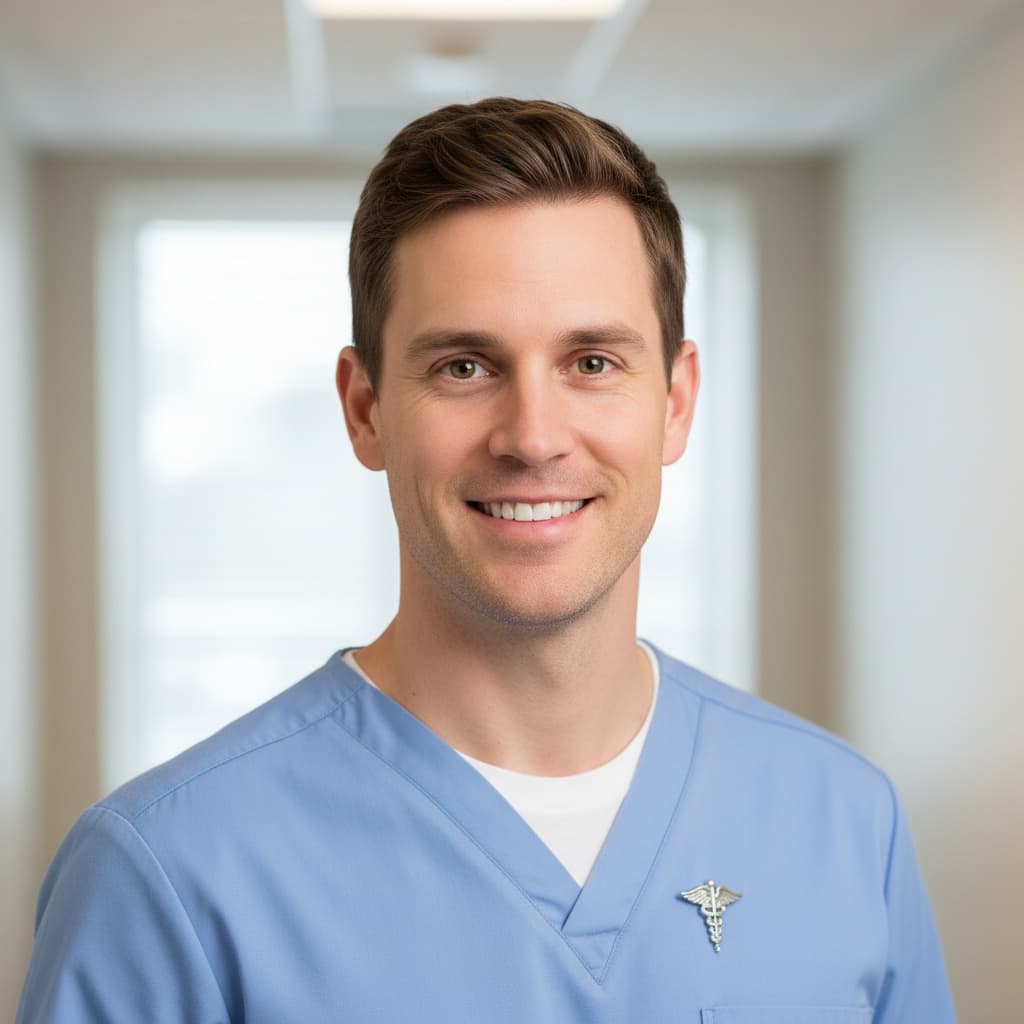 slim white man scrubs clinical environment 24486736