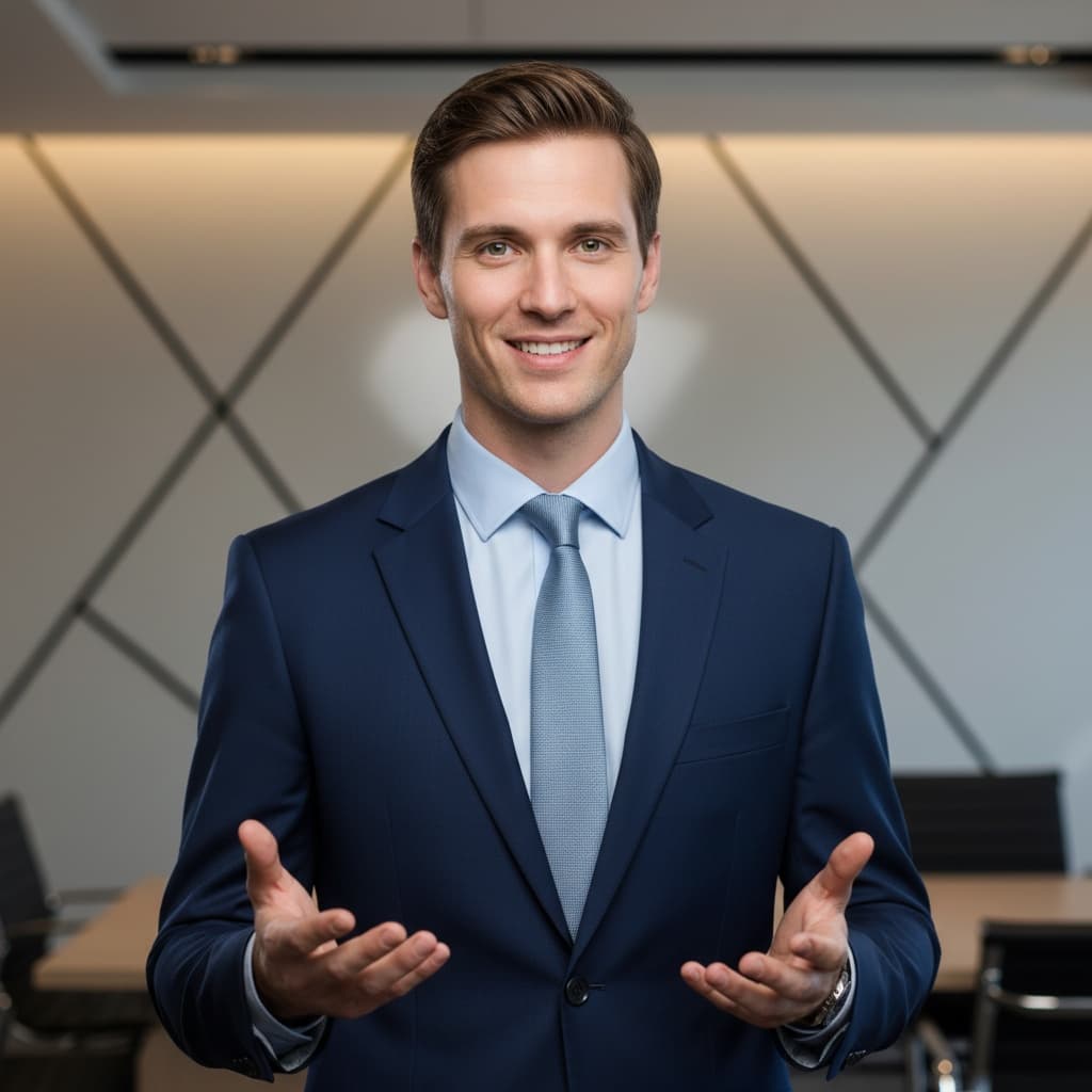 slim white man speaking presenting confident 47109910