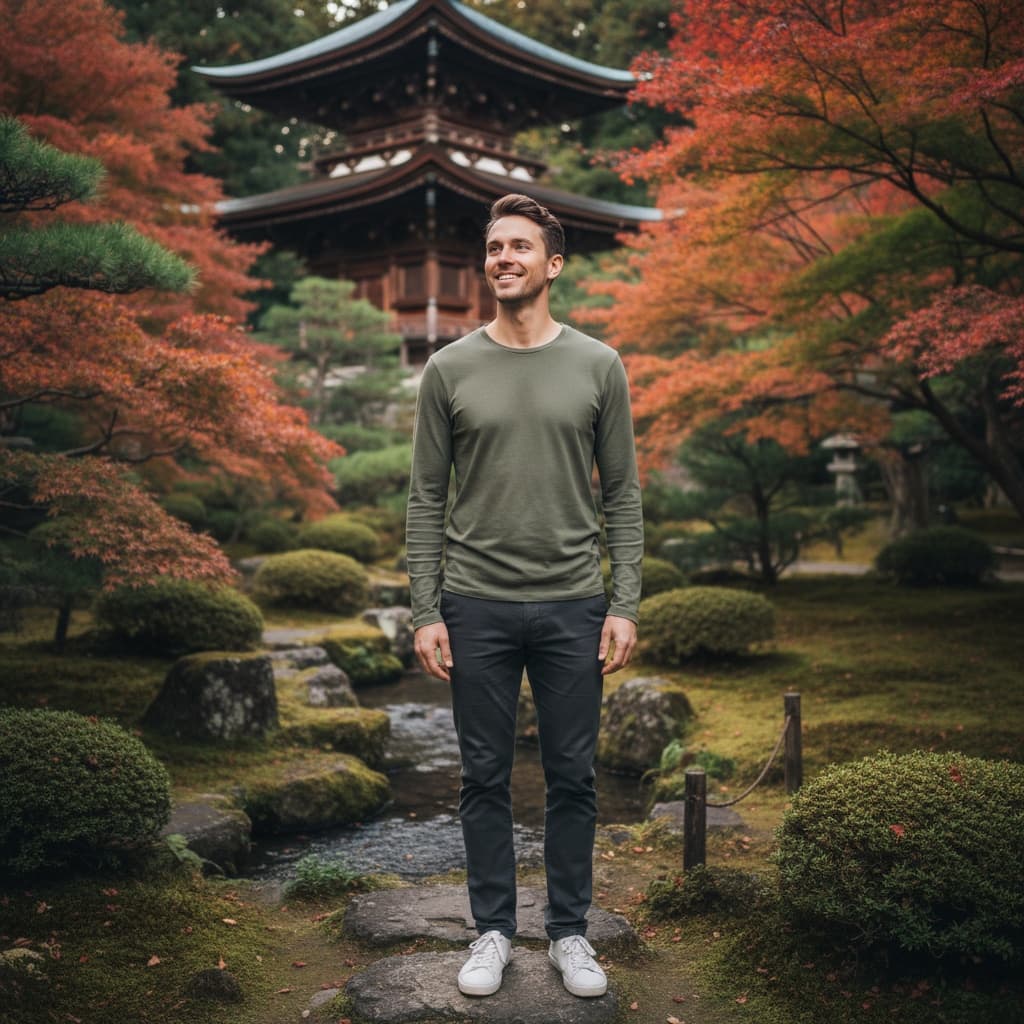 slim white man temple garden cherry blossoms 86334824