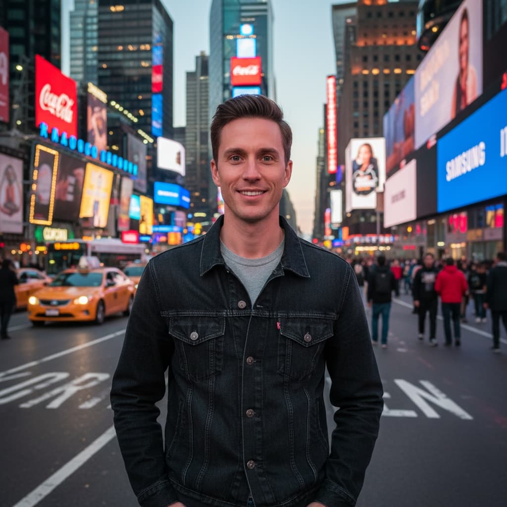 slim white man times square neon lights 31265441