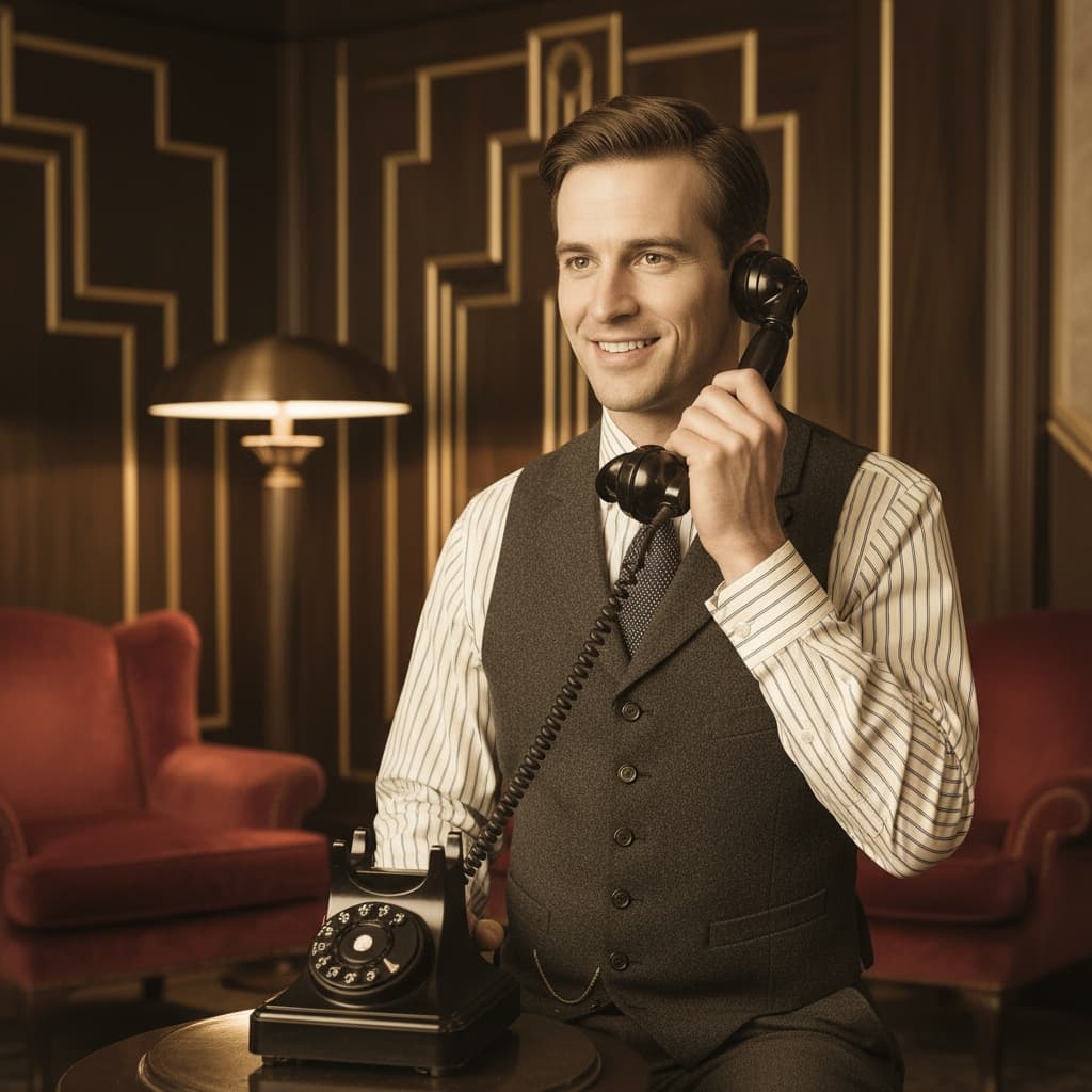 slim white man vintage telephone pose 85121444
