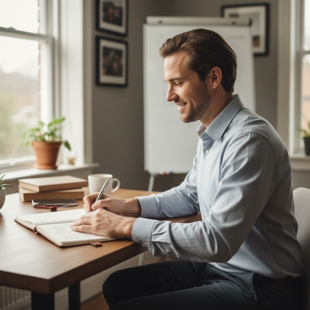 slim white man writing notes journal closeup 83928176