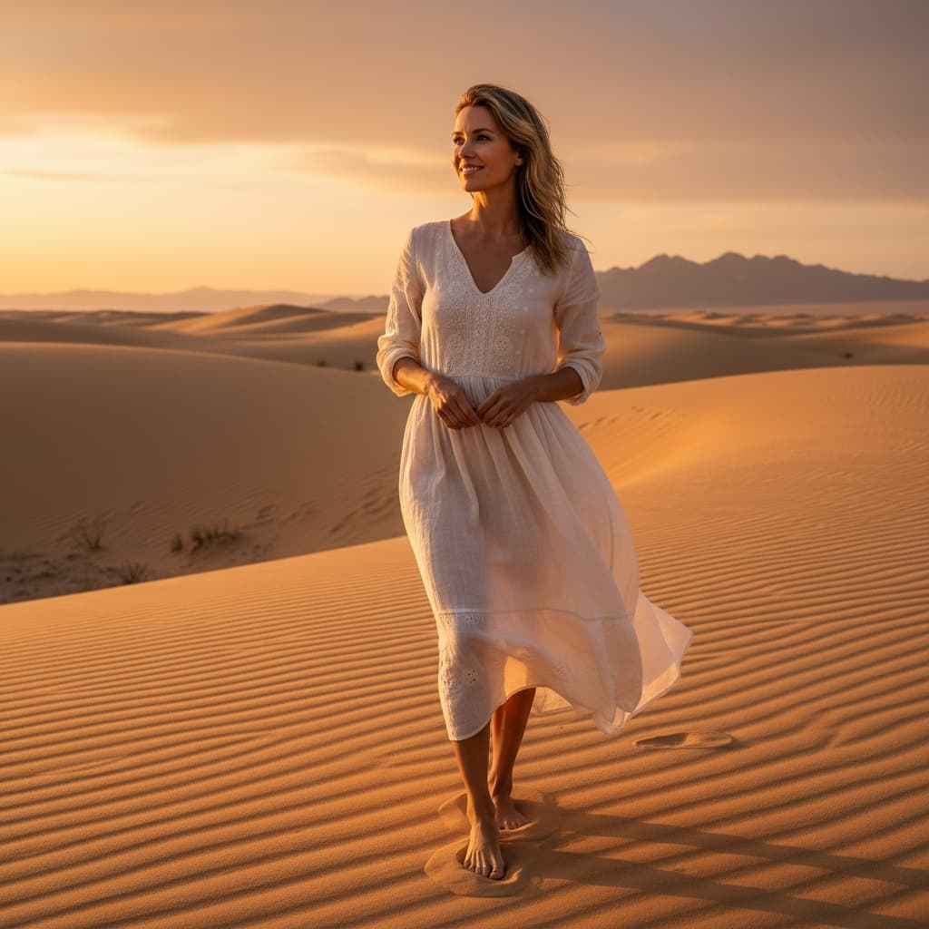 slim white woman desert safari golden dunes 93970940