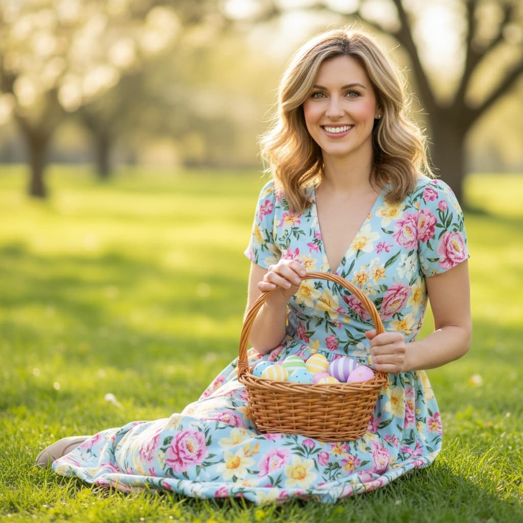 slim white woman easter basket outdoor scene 77135389
