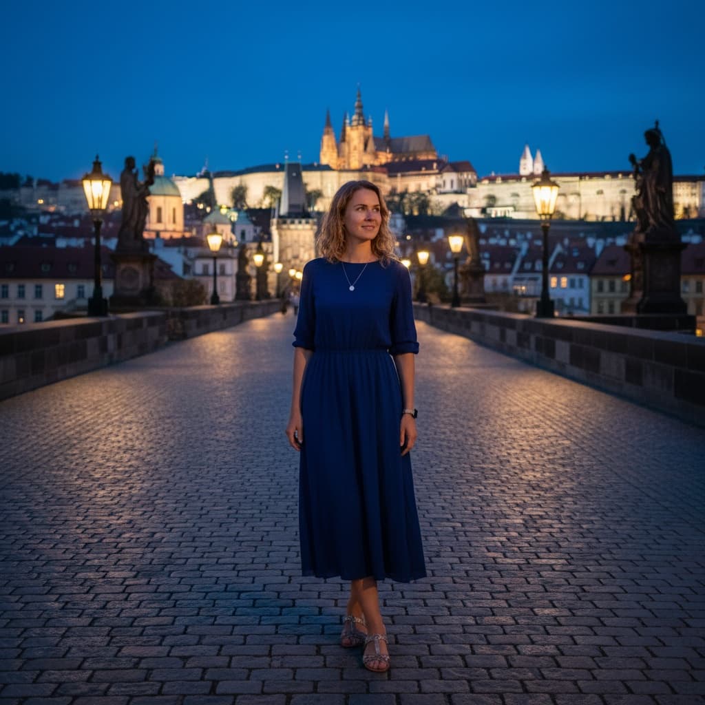 slim white woman evening illuminated bridge 51178669