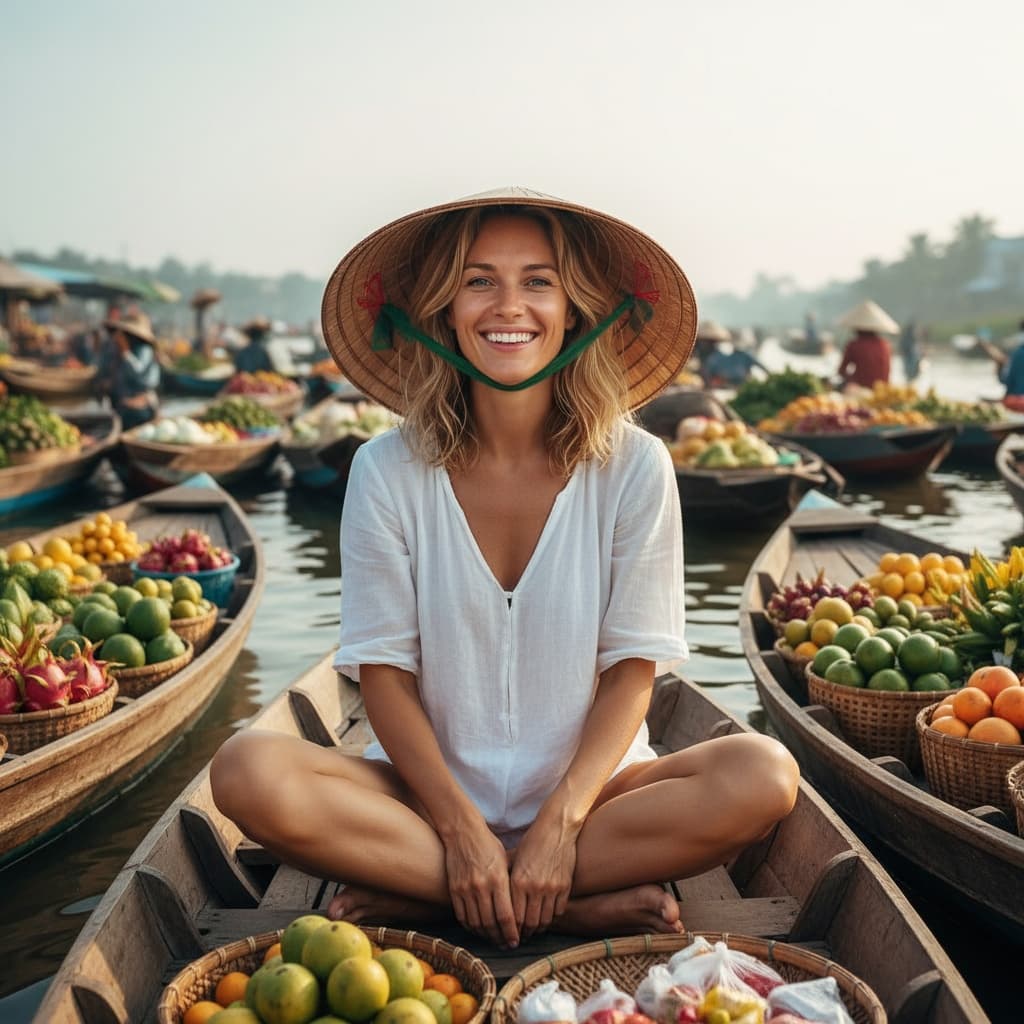 slim white woman floating market boat 51093671