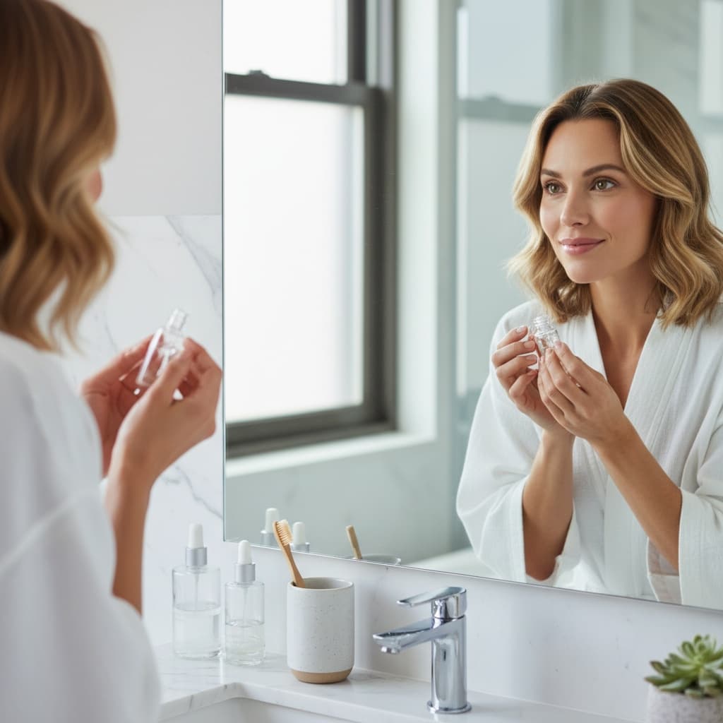 slim white woman getting ready mirror 77754131