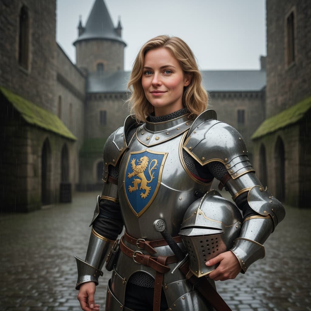 slim white woman knight armor castle courtyard 89298327