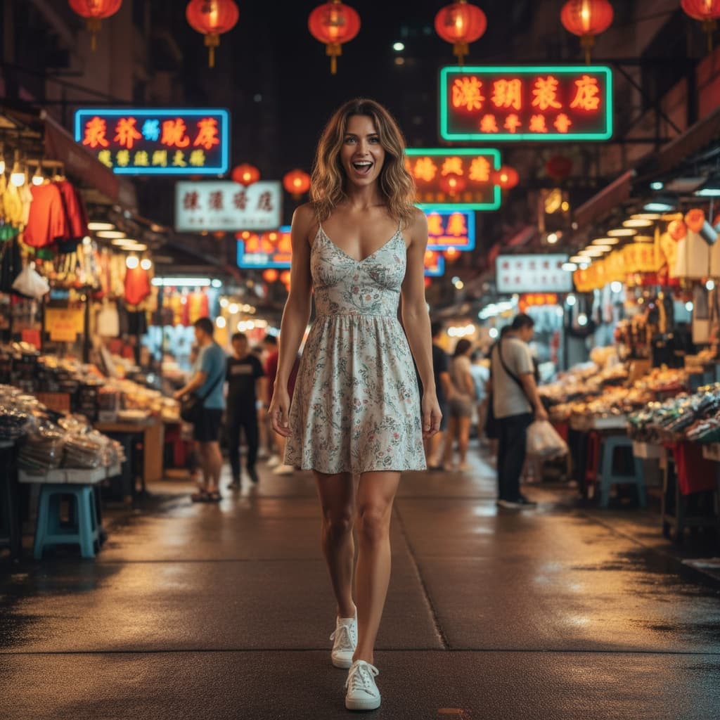 slim white woman kowloon night markets neon 87430197