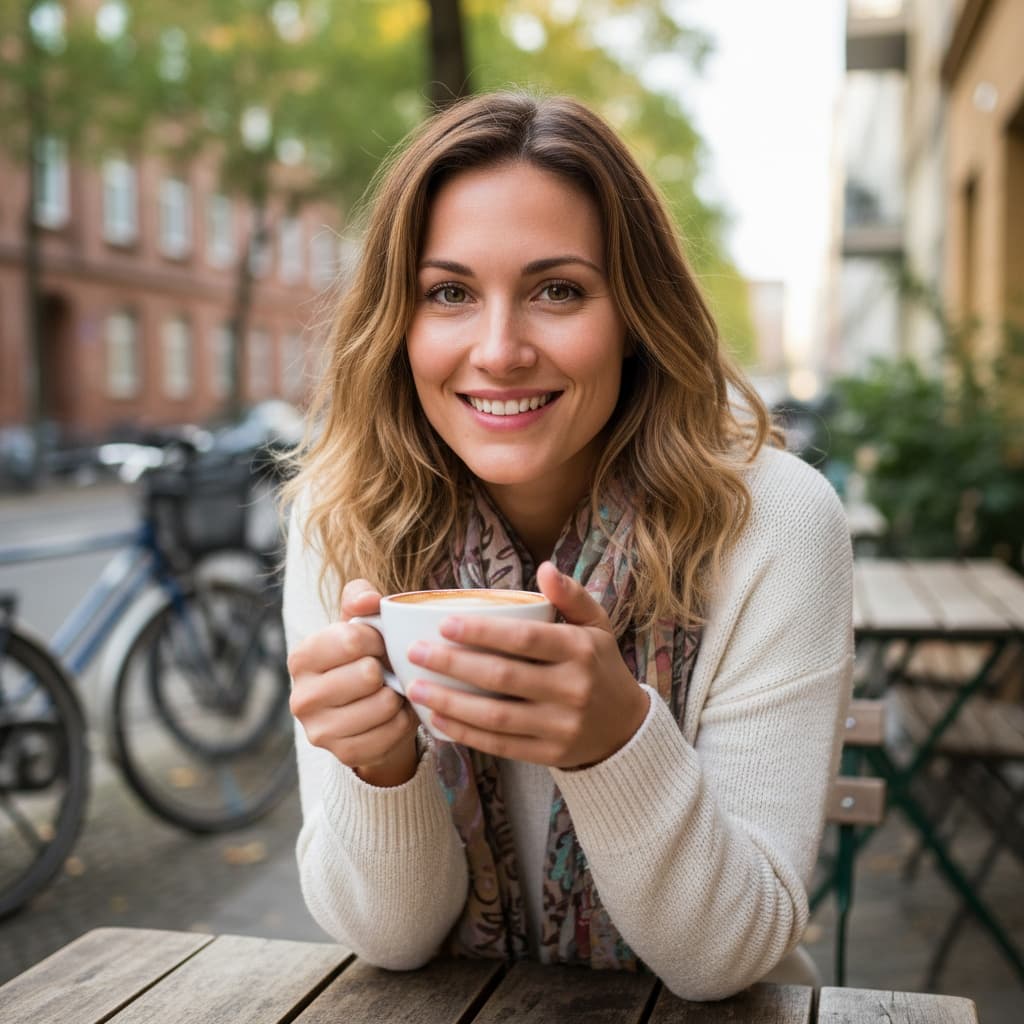 slim white woman kreuzberg street cafe 44655755