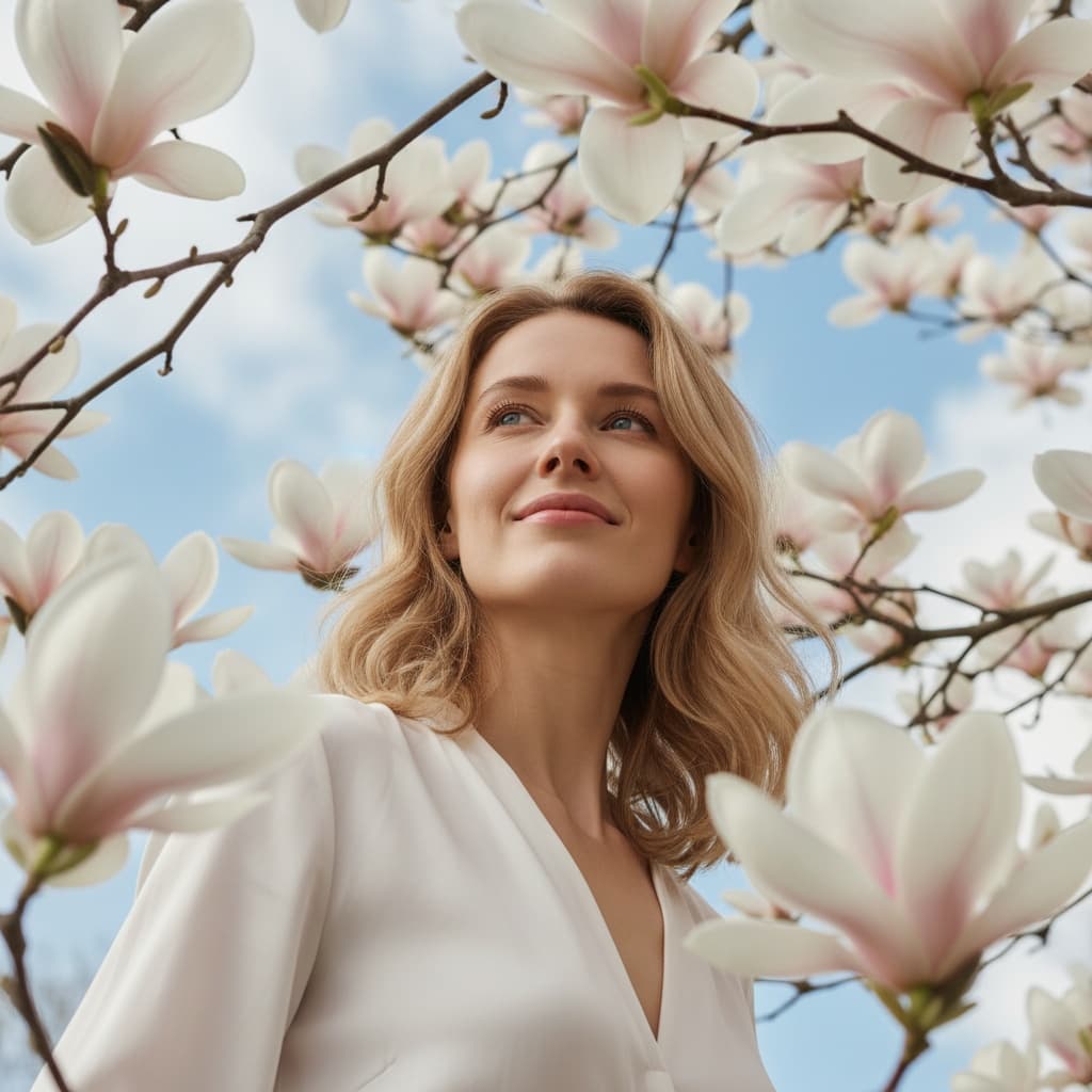 slim white woman magnolia tree upward angle 28452717