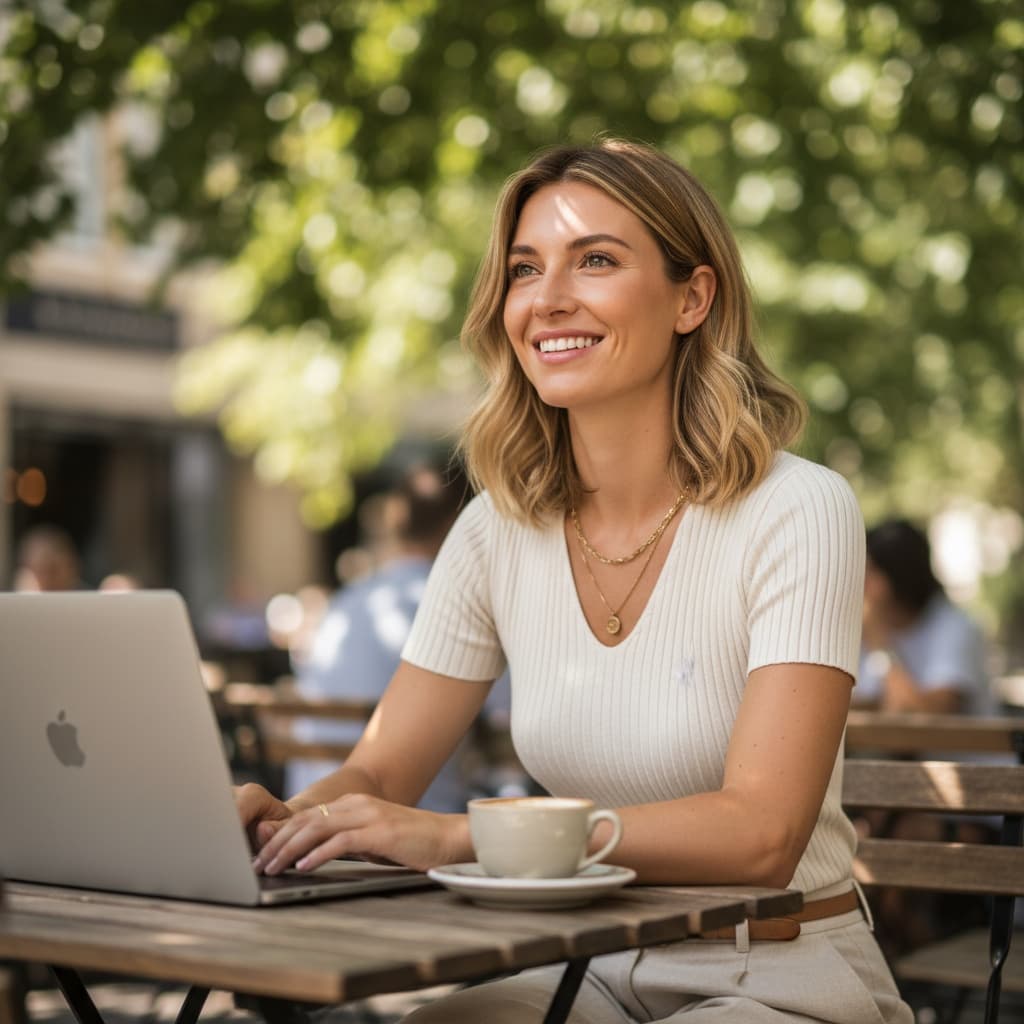 slim white woman outdoor cafe laptop 74739110