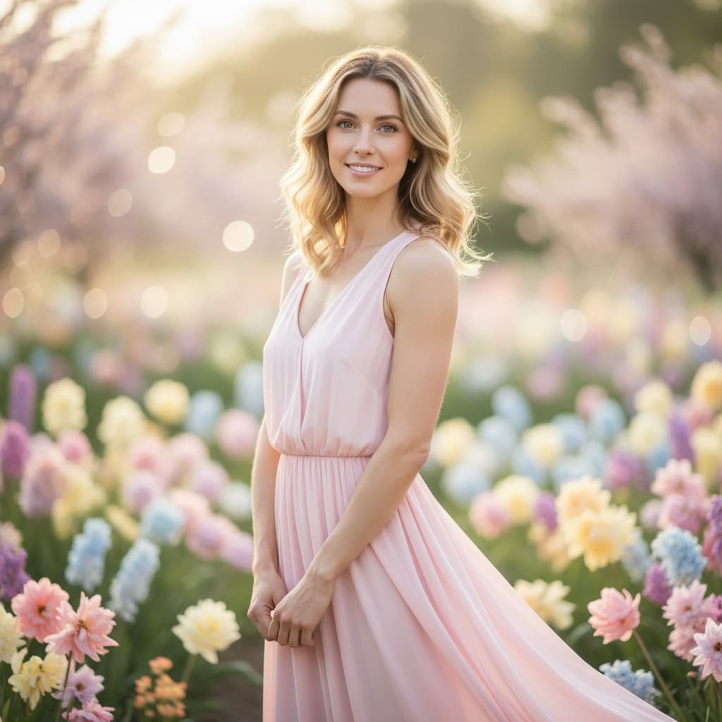 slim white woman pastel spring garden portrait 71134564