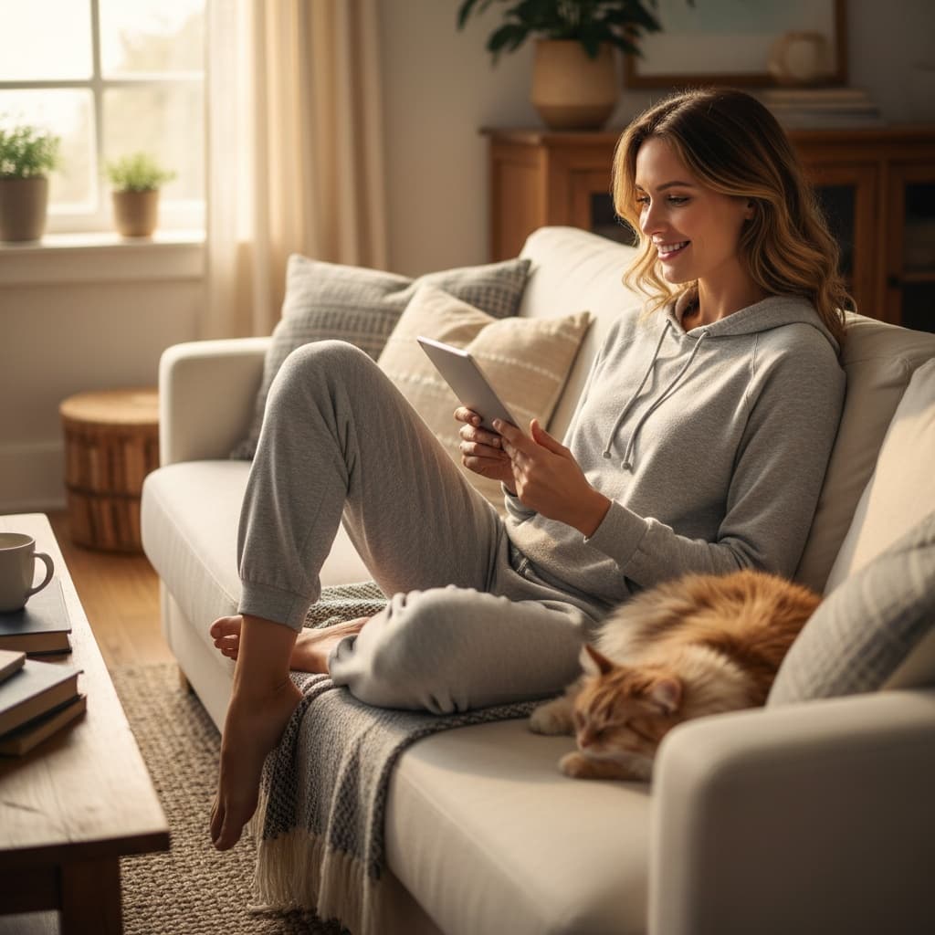 slim white woman reading relaxing couch 86858542