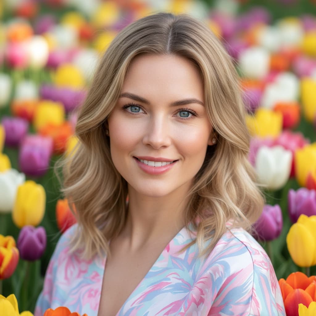 slim white woman tulip field closeup portrait 44559916