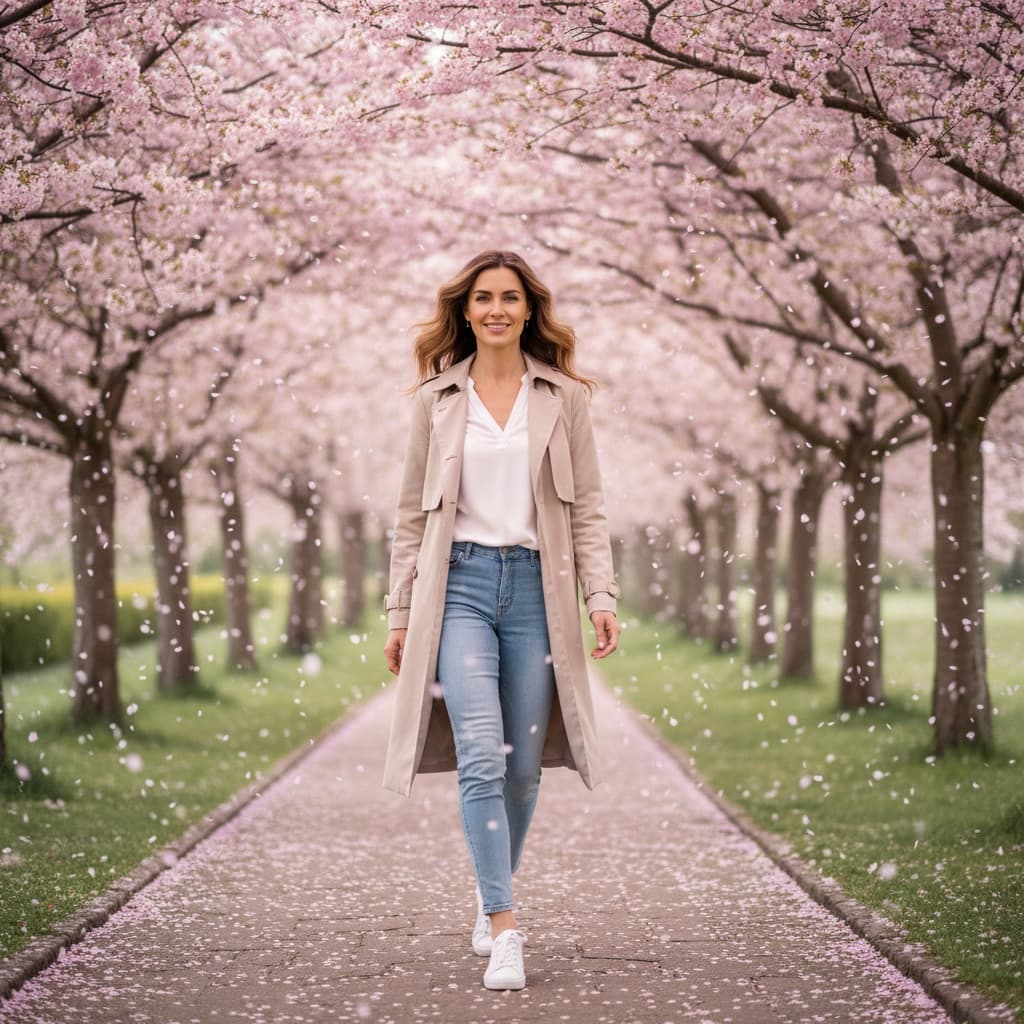 slim white woman walking blossom pathway 88079328