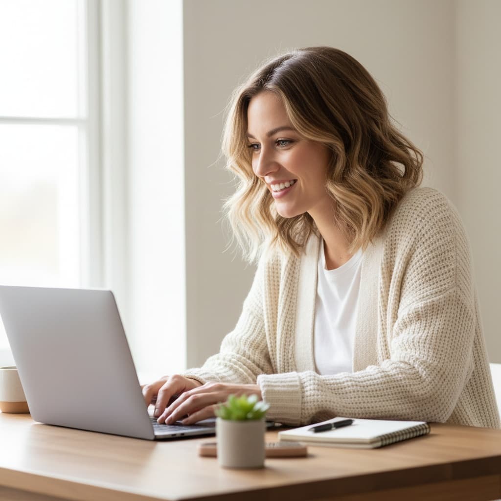 slim white woman work from home desk 70347609